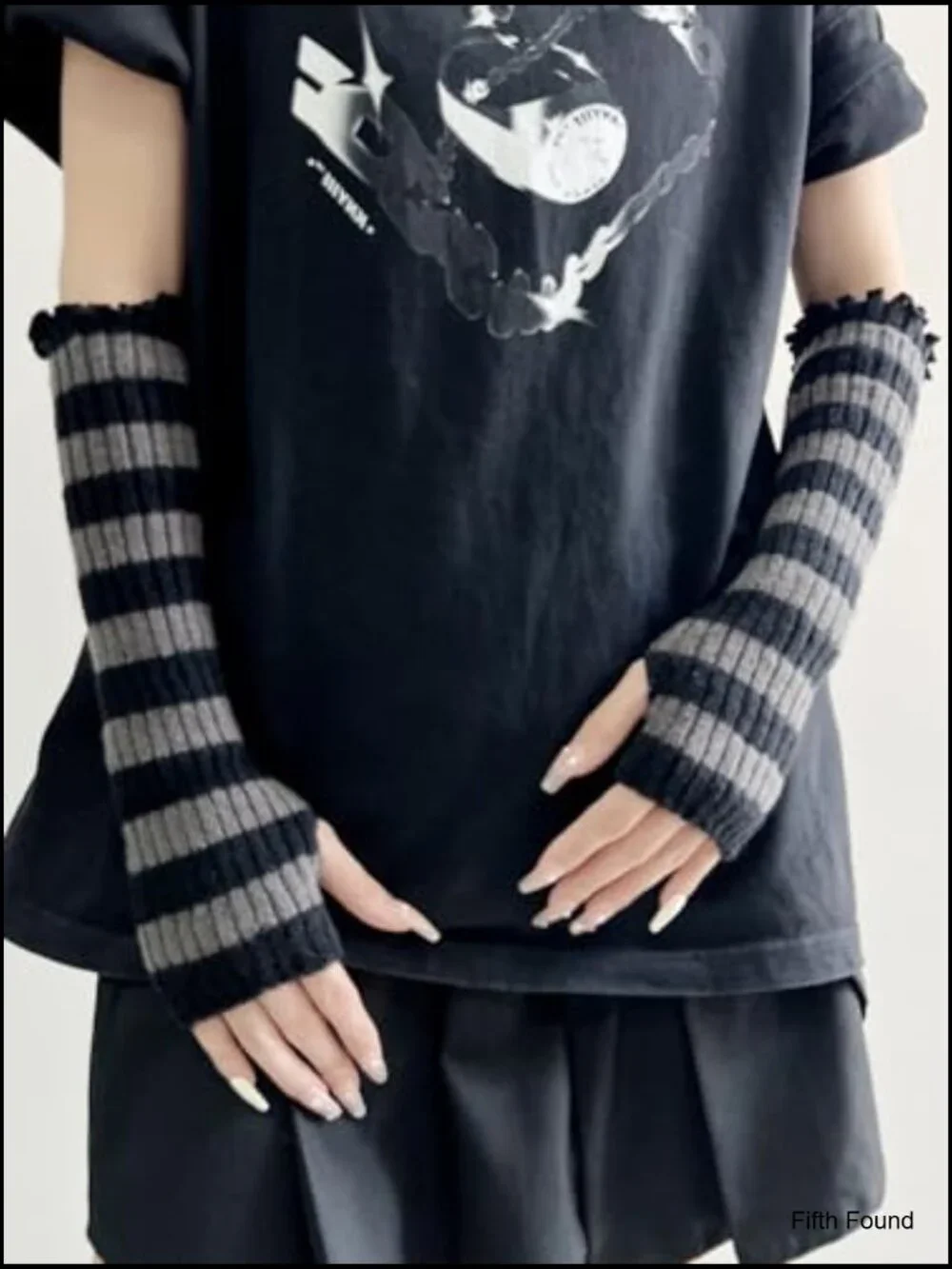 Punk Striped Knit Fingerless Arm Warmers with Thumb Hole Goth Y2k Cosplay Gloves